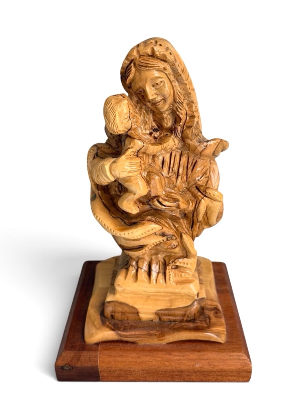 Hand Carved Olive Wood Virgin Mary Baby Jesus Bethlehem Holy Land Madonna 9"